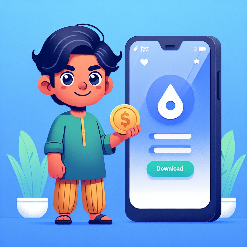 Taka44 app cartoon character holding a smartphone with app interface and coins