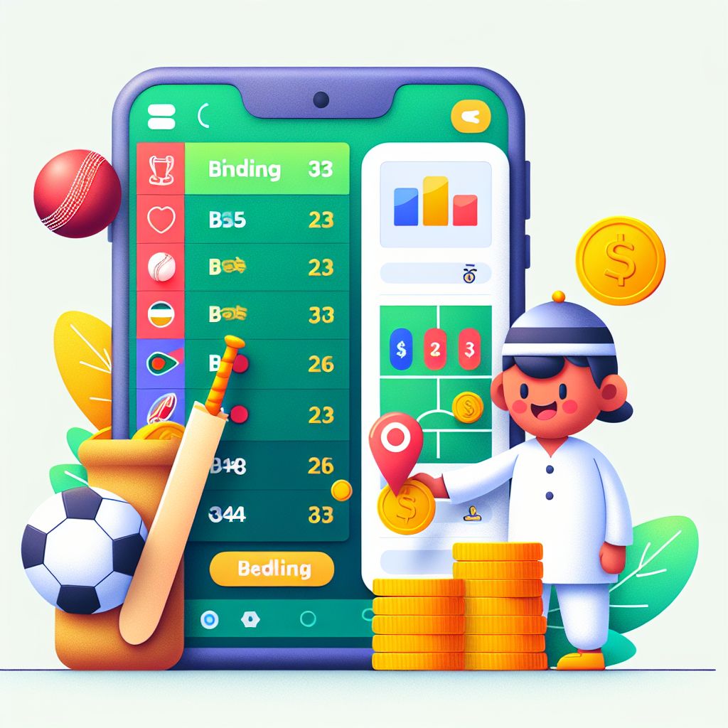 Cartoon sports bettor with a phone showing live odds, cricket and football icons, and coins