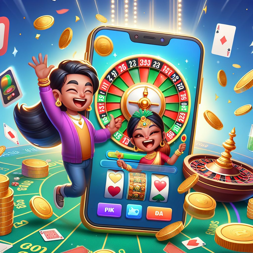 Taka44 casino cartoon characters with cards, roulette wheel, and coins