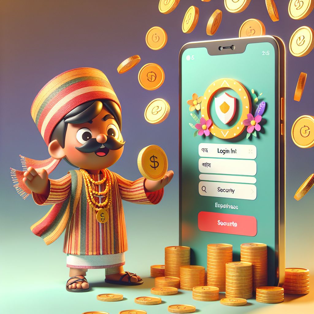 Taka44 cartoon character logging in on a phone with a shield and coins