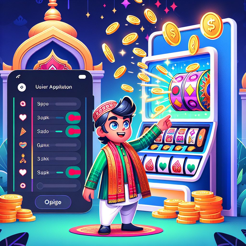 Cartoon style character celebrating a slot win with coins and reels